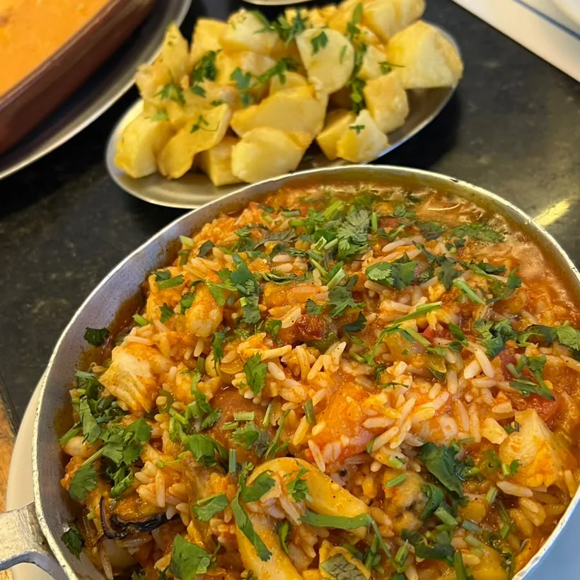 Seafood rice served in the pan